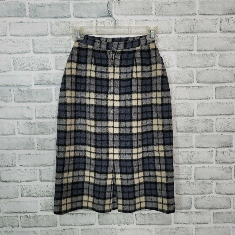 Vintage 50s 60s Wool Plaid Pencil Skirt Hi Waist Lined Winter Mod Preppy Classic